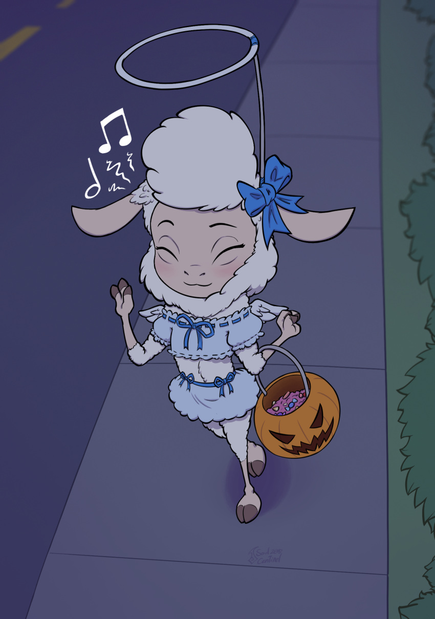 anthro blush candy caprine clothing costume cub dawn_bellwether disney female fluffy food fur halloween holidays humming invalid_tag mammal musical_note sheep smile solo soulcentinel young zootopia