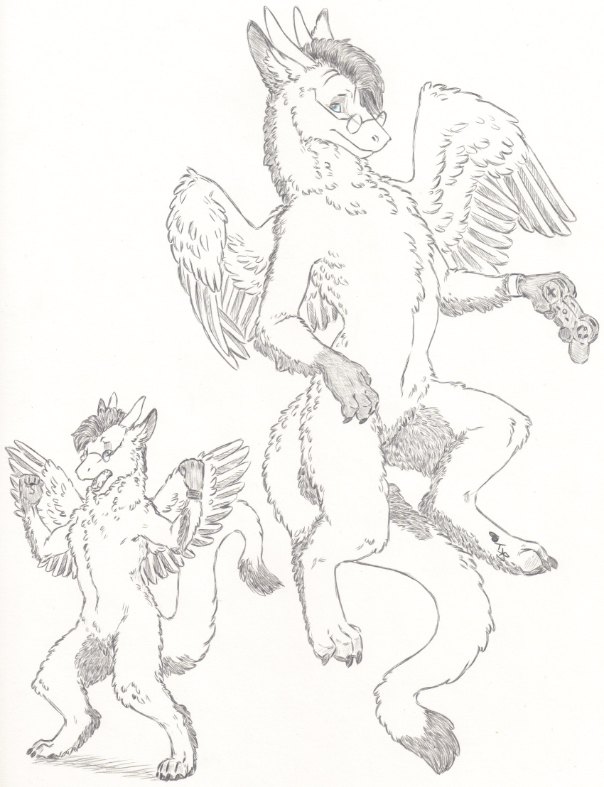 anthro blue_eyes dragon eyewear feathered_wings feathers featureless_crotch fluffy fur furred_dragon glasses paws skyfifer solo traditional_media_(artwork) wings