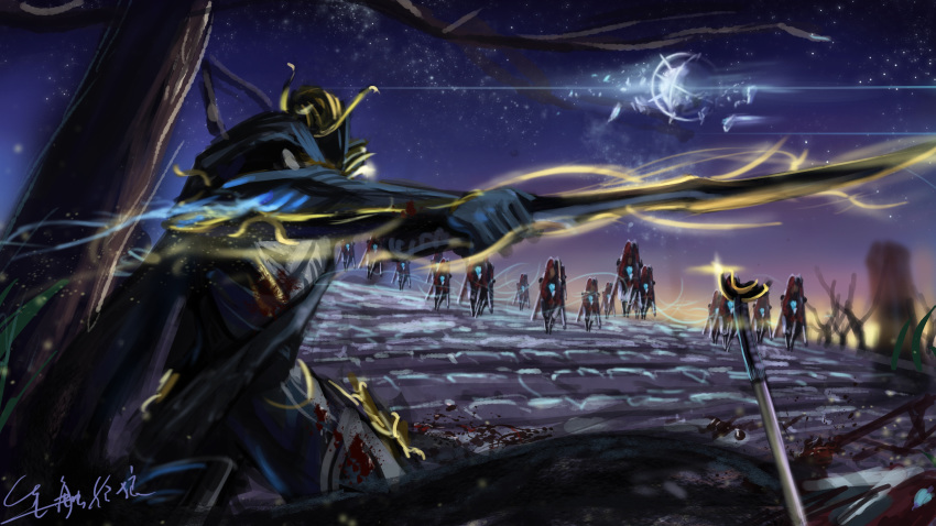 army artist_request battalyst battle blood bodysuit conculysts excalibur_(warframe) excalibur_umbra_(warframe) fighting_stance glowing highres holding holding_sword holding_weapon moon night night_sky outdoors scarf sentient sky standing star_(sky) starry_sky sword tree warframe weapon