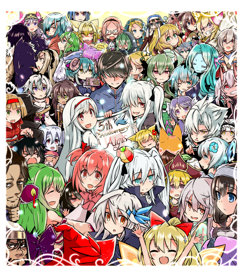 &gt;_&lt; 6+girls :3 :d :o absurdres ada_(sennen_sensou_aigis) adamas_(sennen_sensou_aigis) aigis_(sennen_sensou_aigis) animal_ears anna_(sennen_sensou_aigis) anniversary aoba_(sennen_sensou_aigis) aqua_hair beard bella_(sennen_sensou_aigis) black_hair blonde_hair blue_eyes blue_hair blush brown_eyes brown_hair cat_ears character_request commentary_request copyright_name dark_skin dark_skinned_male despia_(sennen_sensou_aigis) dolce_(sennen_sensou_aigis) dong_tianjun_(sennen_sensou_aigis) echidna_(sennen_sensou_aigis) eden_(sennen_sensou_aigis) emperor_(sennen_sensou_aigis) erett_(sennen_sensou_aigis) everyone eyepatch facial_hair facing_away fermi_(sennen_sensou_aigis) fuuko_(sennen_sensou_aigis) green_eyes green_hair grey_hair grin hashim_(sennen_sensou_aigis) highres horns inari_(sennen_sensou_aigis) jerome_(sennen_sensou_aigis) karma_(sennen_sensou_aigis) katie_(sennen_sensou_aigis) kayou_(sennen_sensou_aigis) keraunos_(sennen_sensou_aigis) koko_(hm142533) kurissa_(sennen_sensou_aigis) leaf_(sennen_sensou_aigis) light_brown_hair lily_(sennen_sensou_aigis) long_hair looking_at_viewer maaya_(sennen_sensou_aigis) maou_garius_(sennen_sensou_aigis) marl_(sennen_sensou_aigis) maurette_(sennen_sensou_aigis) melvina_(sennen_sensou_aigis) mikoto_(sennen_sensou_aigis) multiple_boys multiple_girls mustache noel_(sennen_sensou_aigis) oni_horns onibahime_(sennen_sensou_aigis) open_mouth patel_(sennen_sensou_aigis) pink_eyes pink_hair pippin_(sennen_sensou_aigis) poking prince_(sennen_sensou_aigis) purple_hair rean_(sennen_sensou_aigis) red_eyes red_hair red_headband rinne_(sennen_sensou_aigis) rita_(sennen_sensou_aigis) sennen_sensou_aigis shiho_(sennen_sensou_aigis) short_hair side_ponytail silver_hair smile standing stuffed_animal stuffed_toy sybilla teddy_bear thetis_(sennen_sensou_aigis) twintails victoire_(sennen_sensou_aigis) white_hair yukihime_(sennen_sensou_aigis)