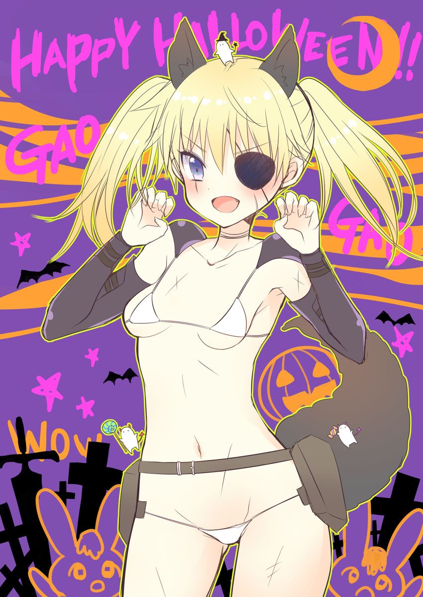 animal_ear_fluff animal_ears bangs belt belt_buckle blonde_hair blue_eyes blush bow breasts brown_belt buckle candy commentary_request copyright_request demon_horns demon_tail detached_sleeves eyebrows_visible_through_hair eyepatch facial_scar fingernails food gao ghost grey_sleeves groin hair_between_eyes halloween happy_halloween highres holding holding_food holding_lollipop horns jack-o'-lantern lollipop long_hair long_sleeves navel pauldrons pocopoco scar scar_across_eye scar_on_cheek small_breasts solo star swirl_lollipop tail tail_raised twintails white_bow wolf_ears wolf_girl wolf_tail