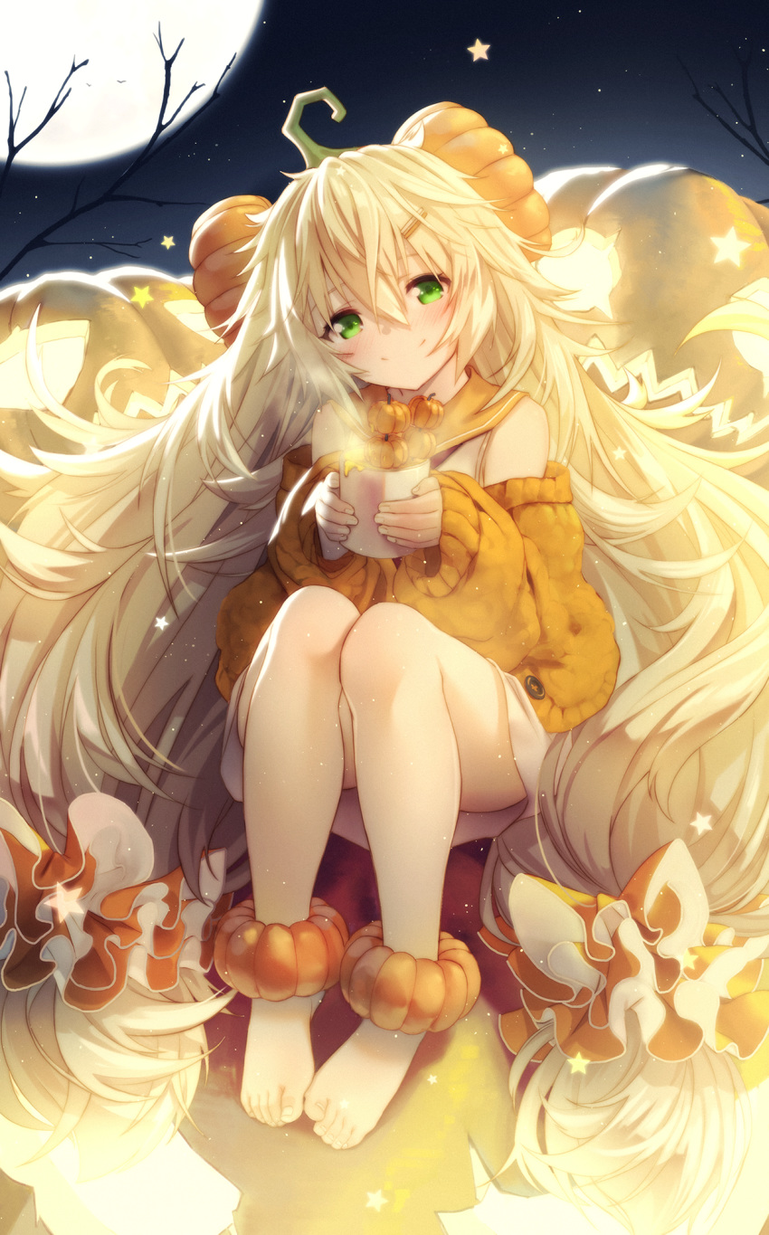 baggy_clothes bangs barefoot blonde_hair blush breasts cardigan commentary cup dress feet food food_themed_hair_ornament full_body full_moon girls_frontline green_eyes hair_between_eyes hair_ornament hair_scrunchie hairclip halloween head_tilt highres holding holding_cup jack-o'-lantern legs_together long_hair looking_at_viewer low-tied_long_hair low_twintails medium_breasts messy_hair moon moon_print neckerchief night night_sky off_shoulder open_cardigan open_clothes orange_sailor_collar orange_scrunchie orange_sweater outdoors pumpkin pumpkin_hair_ornament pumpkin_soup red_neckwear revision s.a.t.8_(girls_frontline) sailor_collar sailor_dress scrunchie sidelocks sitting sky smile solo songchuan_li star star_(sky) star_print starry_sky steam sweater twintails very_long_hair watermark weapon white_dress