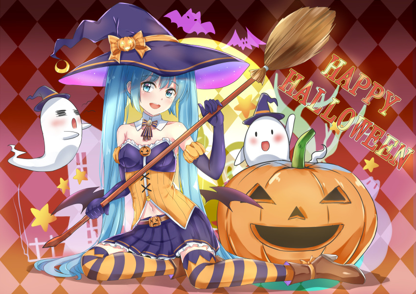 :d =_= absurdres aqua_eyes aqua_hair argyle argyle_background bangs bare_shoulders bat belt blush boots bow bowtie broom brown_footwear collarbone commentary crescent detached_collar elbow_gloves eyebrows_visible_through_hair frilled_skirt frills full_body ghost gloves halloween halloween_costume happy_halloween hat hatsune_miku head_tilt high_heel_boots high_heels highres holding holding_broom jack-o'-lantern koi0806 long_hair looking_at_viewer low_wings miniskirt navel open_mouth orange_legwear orange_neckwear pleated_skirt pumpkin purple_gloves purple_hat purple_legwear purple_neckwear purple_skirt sidelocks sitting skirt smile solo star strapless striped striped_neckwear twintails two-tone_legwear two-tone_neckwear upper_teeth very_long_hair vocaloid wings witch witch_hat x_x yokozuwari