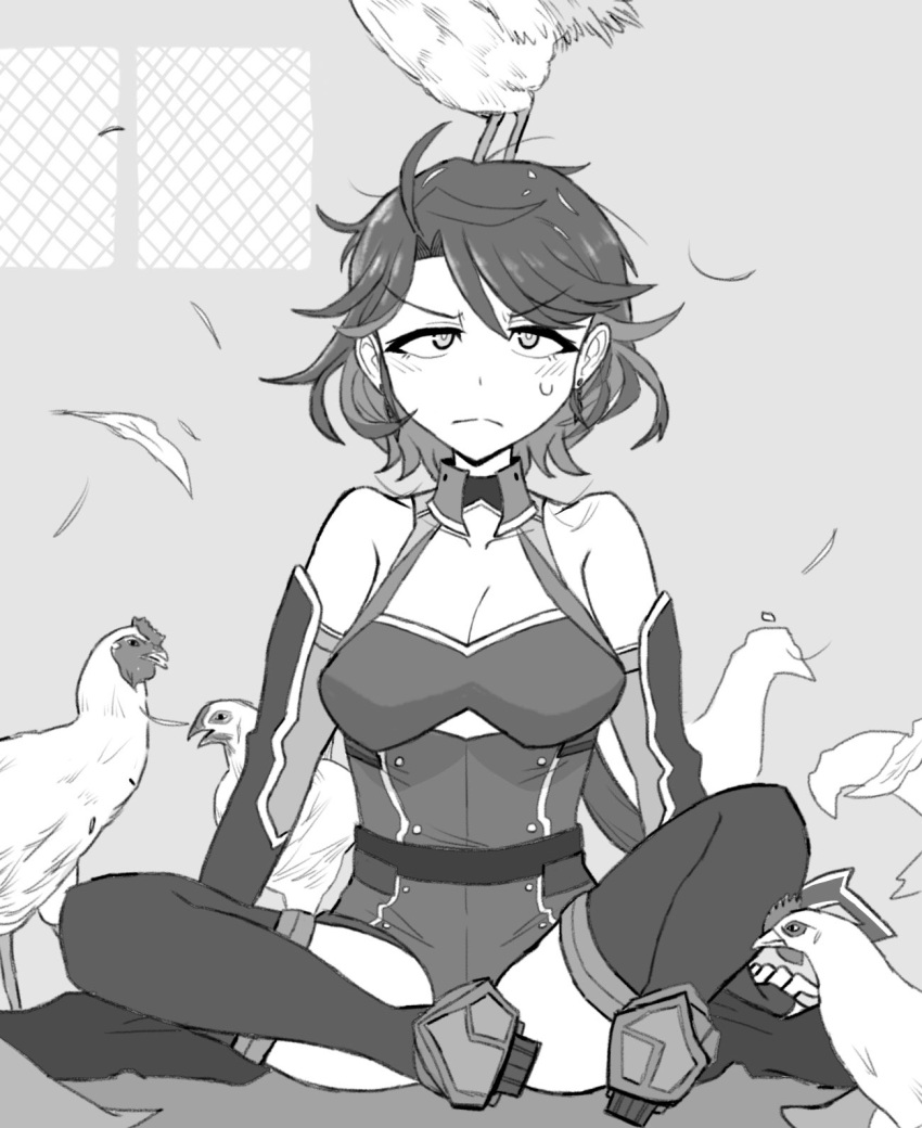 azur_lane bird blush breasts chicken cleavage commentary_request detached_sleeves earrings eyebrows_visible_through_hair feathers frown greyscale highres indoors jewelry lazy_eye looking_at_viewer medium_breasts miraruto_(h3yja) monochrome narrowed_eyes on_head phoenix_(azur_lane) short_hair sitting solo sweatdrop
