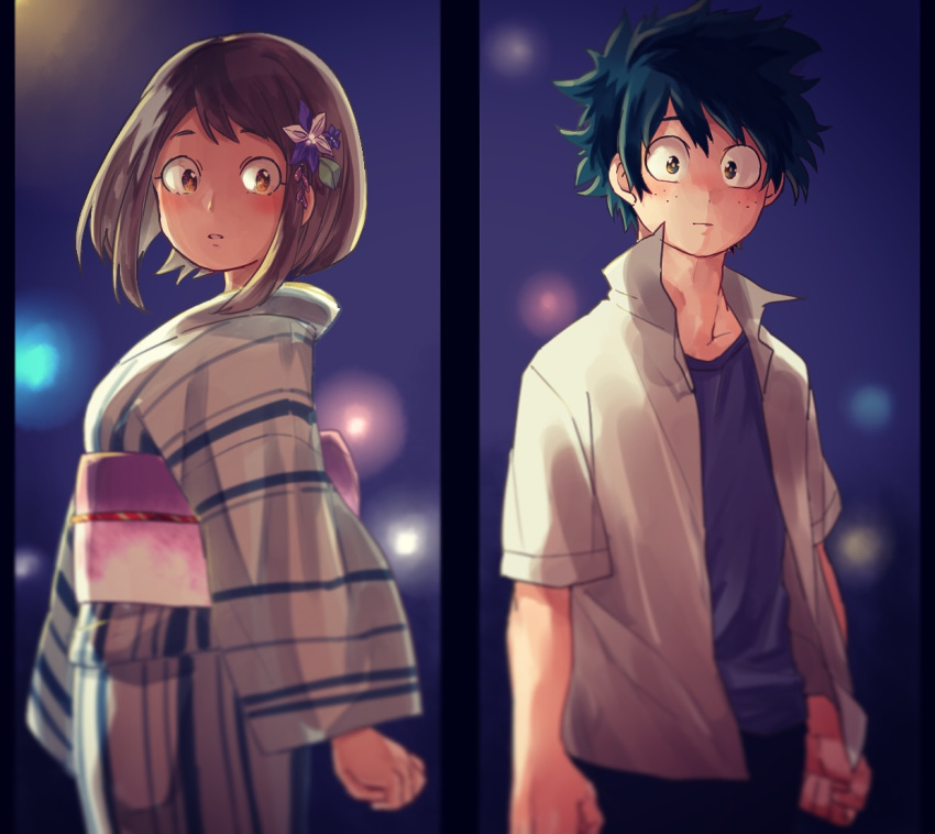 1girl blush boku_no_hero_academia brown_eyes brown_hair flower freckles green_eyes green_hair hair_flower hair_ornament japanese_clothes kimono looking_at_viewer messy_hair midoriya_izuku otojirou short_hair uraraka_ochako