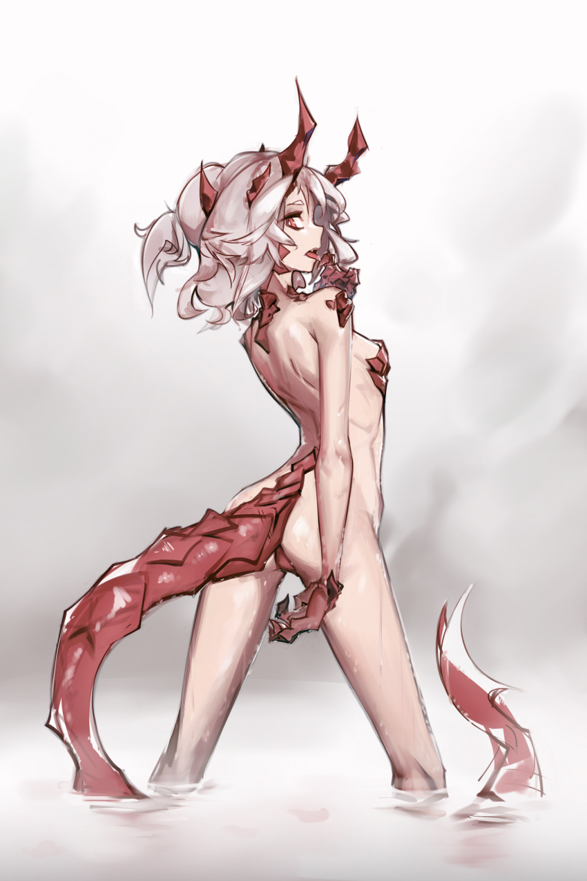 arched_back ass back breasts bright_pupils claws commentary deel_(rkeg) dragon_girl dragon_horns dragon_tail fang from_behind grey_background grey_hair hand_to_own_mouth hand_up highres horns kneepits long_hair looking_at_viewer looking_back nude onsen open_mouth original ponytail profile red_eyes scales sideboob small_breasts solo standing tail tongue tongue_out wading water wet
