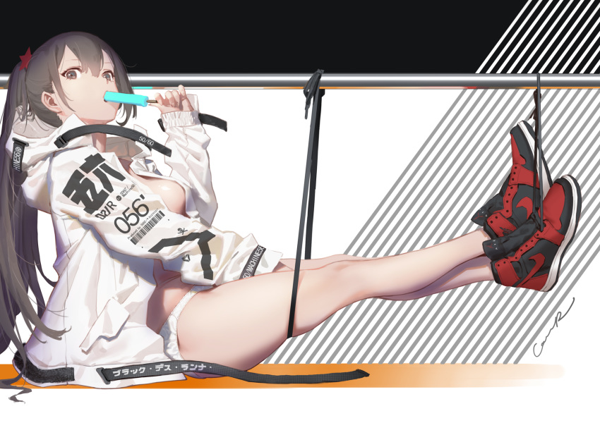 bangs bare_legs between_legs black_hair breasts brown_eyes cancer_(zjcconan) clothes_writing commentary_request eating food from_side girls_frontline hair_between_eyes hand_between_legs hand_up highres holding jacket legs long_hair looking_at_viewer medium_breasts nike no_bra open_clothes open_jacket panties ponytail popsicle railing shoes sitting sneakers solo thighs type_56_assault_rifle_(girls_frontline) underwear velcro white_jacket white_panties