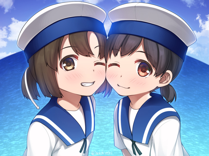 2girls anthropomorphism brown_eyes brown_hair close clouds daitou_(kancolle) hat hiburi_(kancolle) imachireki kantai_collection loli ponytail red_eyes seifuku short_hair signed sky water wink