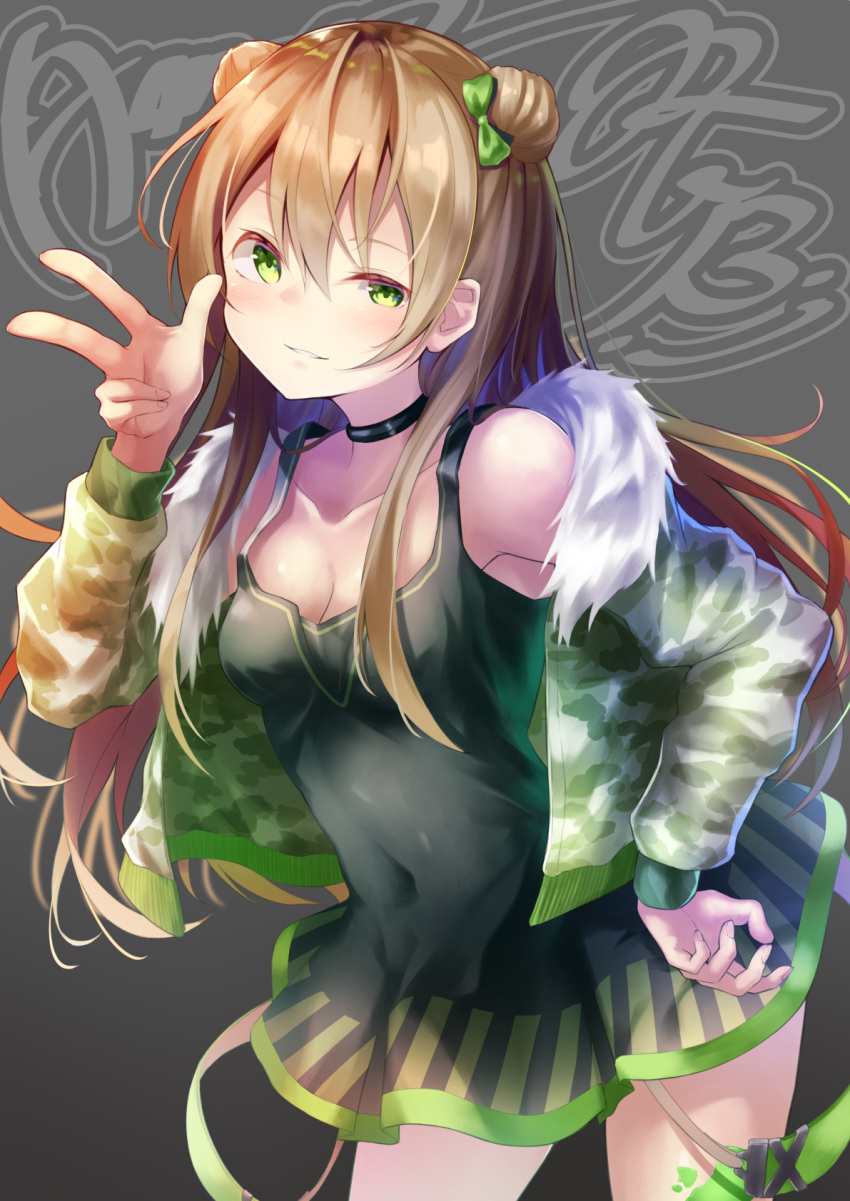 ahoge bangs bare_shoulders blush bow breasts brown_hair camouflage_jacket character_name choker cleavage collarbone commentary covered_navel double_bun dress eyebrows_visible_through_hair fur-trimmed_jacket fur_trim girls_frontline green_eyes hair_between_eyes hair_bow half-closed_eye hand_on_hip highres jacket knoy3356 long_hair looking_at_viewer medium_breasts paint_splatter parted_lips rfb_(girls_frontline) short_dress sidelocks smile solo strap w