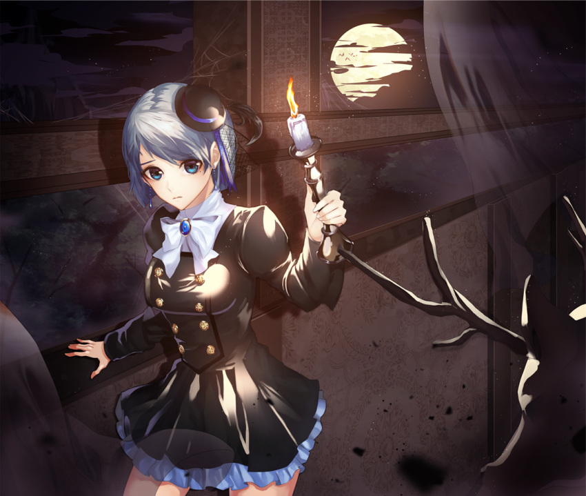 antlers black_dress black_hat black_sky bow candle dress earrings fire flame full_moon ghost gyakuten_saiban gyakuten_saiban_2 hat holding_candle indoors jewelry karuma_mei long_sleeves looking_at_viewer mini_hat moon puffy_long_sleeves puffy_sleeves r2mpt short_hair silk silver_hair solo spider_web tilted_headwear white_bow window younger