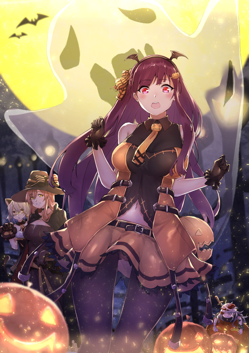 alternate_costume bangs bat belt black_legwear blush breasts brown_hair cape closed_mouth commentary_request dress eyebrows_visible_through_hair flugel_(kaleido_scope-710) full_moon g11_(girls_frontline) ghost girls_frontline gloves green_eyes grey_hair hair_between_eyes hair_ribbon hair_rings half_updo halloween hands_up hat highres jack-o'-lantern knife_in_head large_breasts light_particles long_hair looking_at_viewer m1903_springfield_(girls_frontline) medium_breasts moon multiple_girls navel necktie night night_sky one_side_up open_mouth orange_neckwear pantyhose ponytail pumpkin purple_hair red_eyes ribbon scarf_on_head shirt short_hair sidelocks silver_hair skirt sky sleeping sleeveless sleeveless_shirt smile vector_(girls_frontline) very_long_hair wa2000_(girls_frontline) witch_hat yellow_eyes
