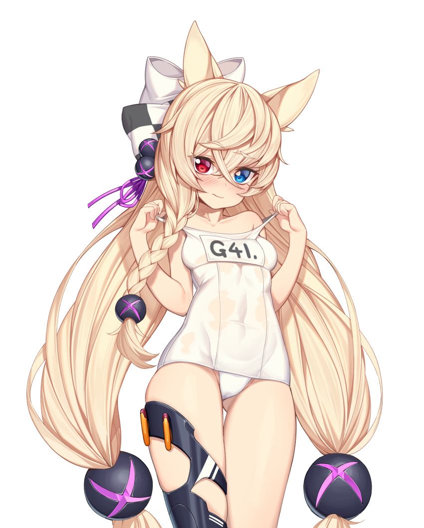 absurdres animal_ears ass_visible_through_thighs bangs bare_arms bare_shoulders black_bow blonde_hair blue_eyes blush bow braid breasts cat_ears character_name checkered checkered_bow closed_mouth collarbone commentary_request covered_navel cowboy_shot eyebrows_visible_through_hair g41_(girls_frontline) girls_frontline hair_between_eyes hair_bobbles hair_bow hair_ornament hair_ribbon hands_up head_tilt heterochromia highres legs_together long_hair looking_at_viewer low-tied_long_hair mokew name_tag old_school_swimsuit one-piece_swimsuit pulled_by_self purple_ribbon red_eyes ribbon school_swimsuit see-through side_braid simple_background single_braid skindentation small_breasts solo standing strap_pull swimsuit thighlet thighs very_long_hair wavy_mouth wet wet_clothes wet_swimsuit white_background white_bow white_school_swimsuit white_swimsuit