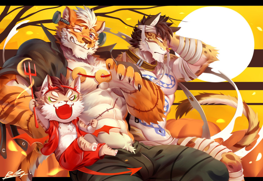 2018 abs anthro biceps cat clouded_leopard feline fur hair halloween hi_res holidays leopard leopard_cat likulau lin_hu male mammal muscular muscular_male nekojishi pecs rabbity shu-chi spots stripes tattoo tiger