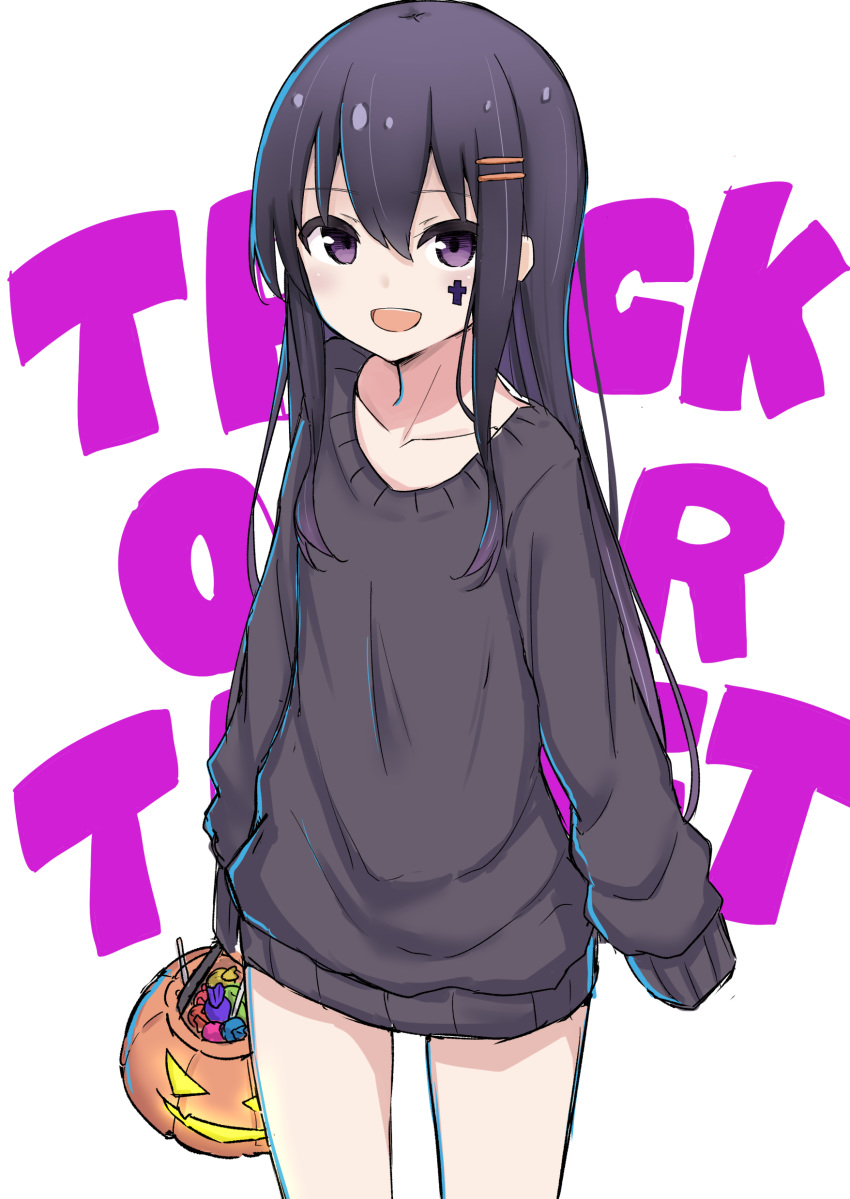 :d absurdres background_text bangs black_hair black_sweater blush candy_wrapper commentary_request coraman eyebrows_visible_through_hair facial_mark hair_between_eyes hair_ornament hairclip halloween halloween_basket highres holding long_hair long_sleeves looking_at_viewer open_mouth original purple_eyes sleeves_past_fingers sleeves_past_wrists smile solo sweater trick_or_treat very_long_hair white_background