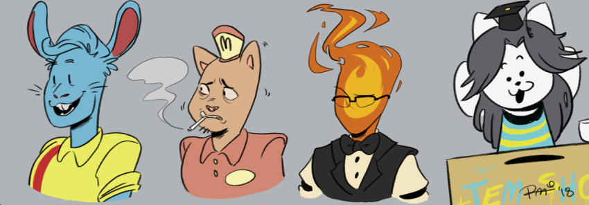 bow_tie burgerpants cat cigarette cranberrybutter elemental eyewear feline fire_elemental glasses grillby hat lagomorph long_ears mammal nicecream_man tem temmie_(undertale) undertale video_games