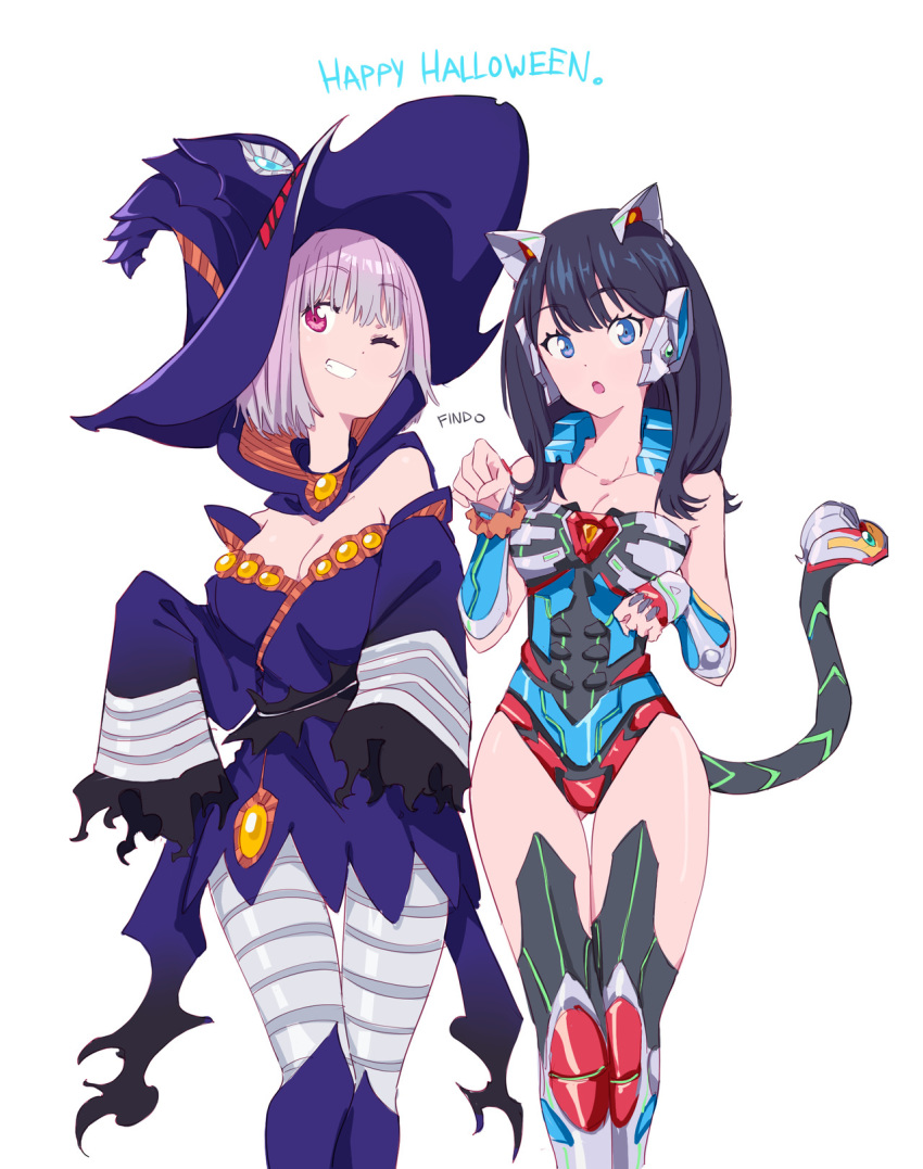 :o ;d alternate_costume animal_ears anti_(ssss.gridman) anti_(ssss.gridman)_(cosplay) bare_shoulders black_hair blue_eyes bodysuit breasts cat_ears cleavage collarbone cosplay dress findoworld gridman_(ssss) gridman_(ssss)_(cosplay) halloween halloween_costume happy_halloween hat highres long_hair long_sleeves medium_breasts multiple_girls off_shoulder one_eye_closed open_mouth pantyhose paw_pose purple_eyes purple_hair scrunchie shinjou_akane short_hair simple_background sleeves_past_wrists smile ssss.gridman standing tail takarada_rikka teeth thighhighs vambraces white_background witch_hat