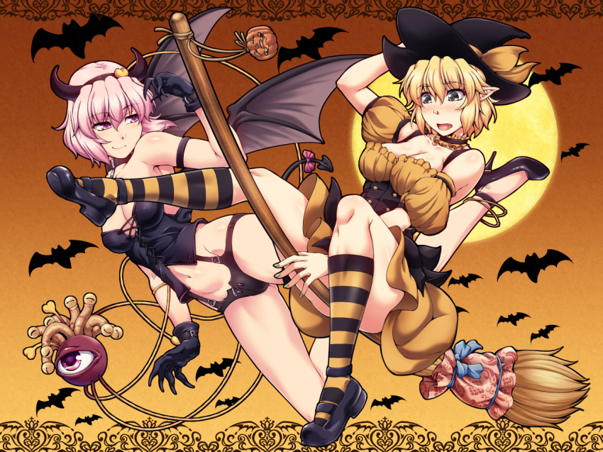 anklet bat_wings black_panties blonde_hair blush bow breasts broom broom_riding cameltoe choker cleavage collar commentary_request demon_horns demon_tail demon_wings detached_sleeves fake_horns fang flying frilled_choker frills full_body green_eyes halloween halloween_costume hat high_heels horns jack-o'-lantern jewelry komeiji_satori large_breasts loafers medium_breasts mizuhashi_parsee multiple_girls navel ootsuki_wataru panties pink_eyes pink_hair pointy_ears puffy_short_sleeves puffy_sleeves shoes short_sleeves skirt socks striped striped_legwear tail tail_bow tentacle_hair textless touhou underwear wings witch witch_hat