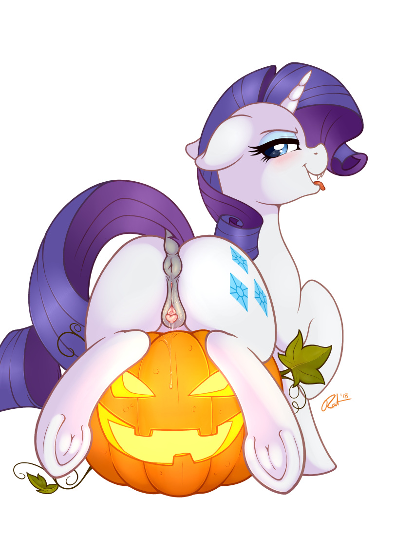 2018 absurd_res anatomically_correct anatomically_correct_pussy animal_genitalia animal_pussy anus butt clitoris cutie_mark digital_media_(artwork) dock equine equine_pussy eyelashes female feral food friendship_is_magic fruit hi_res hooves horn looking_at_viewer mammal my_little_pony pumpkin pussy pussy_juice rarity_(mlp) ratofdrawn simple_background solo tongue tongue_out underhoof unicorn white_background