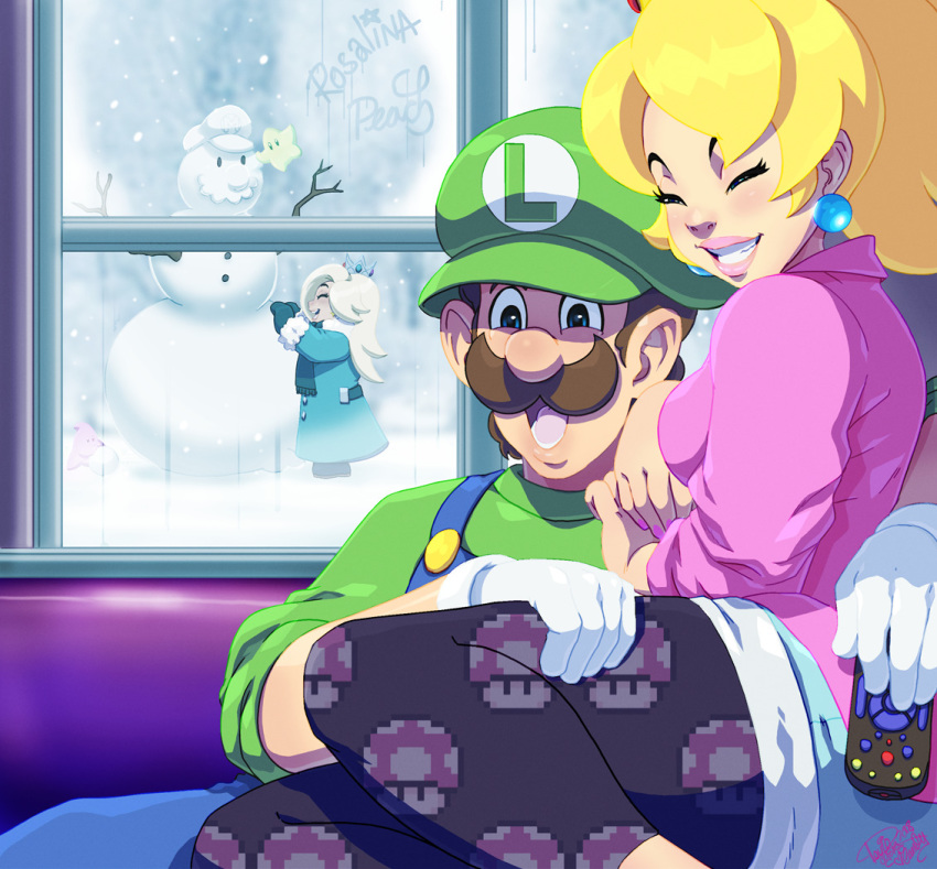 2girls black_legwear blonde_hair brown_hair chiko_(mario) child commentary commission controller couple crown earrings english_commentary facial_hair family grin happy hat hetero high_ponytail if_they_mated jewelry lipstick luigi makeup mario_(series) multiple_girls mustache pink_lips princess_peach print_legwear remote_control rosetta_(mario) sitting sitting_on_lap sitting_on_person smile snow snowman super_mario_bros. super_mario_galaxy tovio_rogers unmoving_pattern what_if window younger
