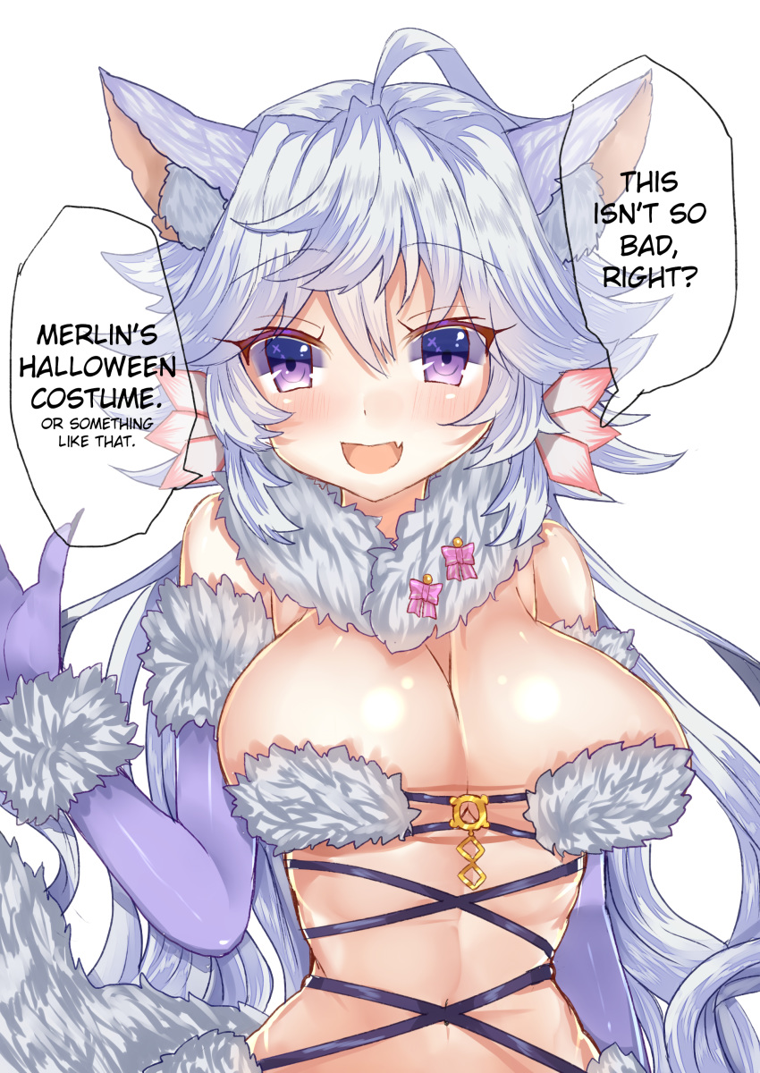 1girl absurdres ahoge animal_ears blush breasts cleavage cosplay dangerous_beast dangerous_beast_(cosplay) elbow_gloves fang fate/grand_order fate/stay_night fate_(series) fur_trim genderswap genderswap_(mtf) gloves halloween halloween_costume hard_translated highres large_breasts long_hair looking_at_viewer merlin_(fate/stay_night) miu_snpi navel open_mouth purple_eyes simple_background smile solo speech_bubble translated white_background white_hair wolf_ears