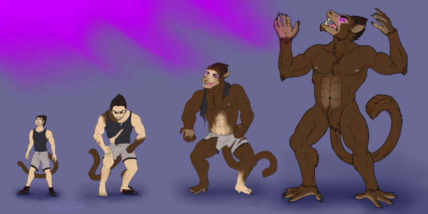 anthro clothing dragon_ball ear_growth fan_character feet fur fur_growth glowing glowing_eyes growth human macro male mammal muscle_growth muscular muscular_male muzzle_growth oozaru primate ripping solo spacekitten torn_clothing transformation
