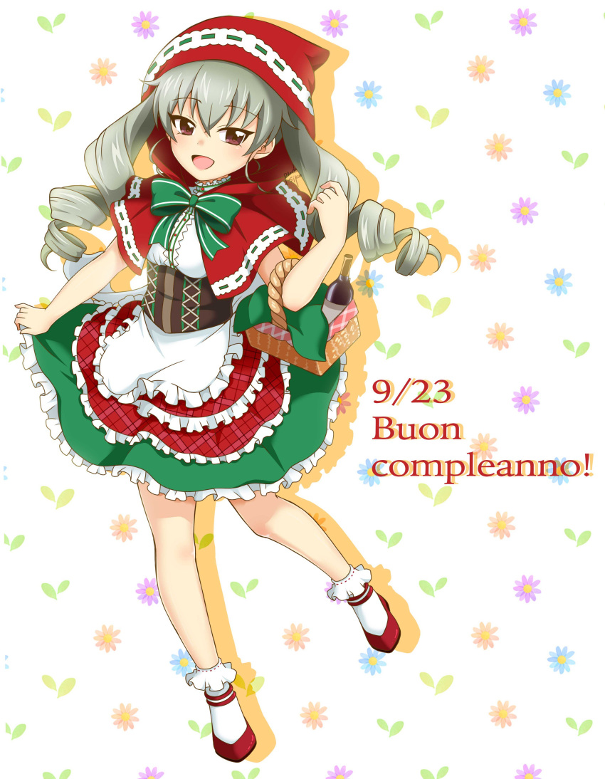 :d absurdres alternate_costume anchovy artist_name bangs bobby_socks bottle bow bowtie cape carrying commentary corset cosplay dated dress drill_hair eyebrows_visible_through_hair flats floral_background frilled_dress frills girls_und_panzer green_dress green_hair green_neckwear happy_birthday highres italian layered_dress little_red_riding_hood_(grimm) little_red_riding_hood_(grimm)_(cosplay) long_hair looking_at_viewer medium_dress open_mouth parda_siko picnic_basket red_cape red_dress red_eyes red_footwear red_hood shadow shoes signature smile socks solo standing twin_drills twintails two-tone_dress white_legwear wine_bottle