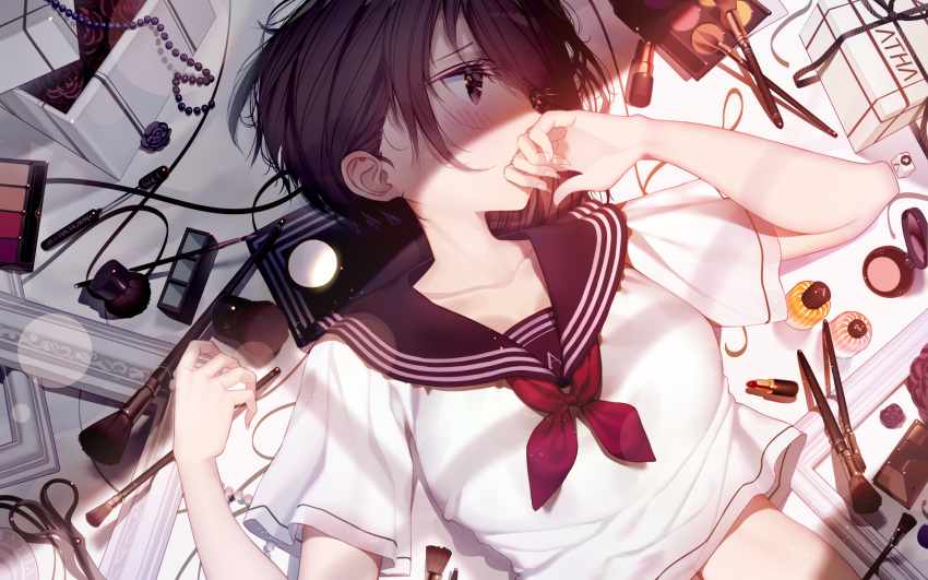 atha_(leejuiping) bangs black_sailor_collar blush breasts brown_eyes brown_hair collarbone commentary_request crop_top dutch_angle eyebrows_visible_through_hair fingernails hair_between_eyes hand_to_own_mouth hands_up highres lipstick lipstick_tube looking_away looking_to_the_side lying makeup makeup_brush mascara_wand navel neckerchief on_back original red_neckwear revision sailor_collar school_uniform scissors serafuku shirt small_breasts solo white_shirt
