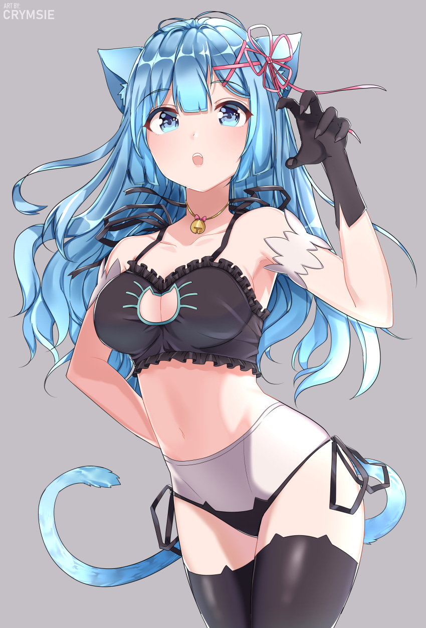 absurdres alternate_costume alternate_hair_length alternate_hairstyle animal_ears armpit_peek artist_name bad_id bad_pixiv_id bangs bare_shoulders bell bell_choker black_bra black_gloves black_legwear black_panties blue_eyes blue_hair blush bra breasts cat_cutout cat_ear_panties cat_ears cat_girl cat_lingerie cat_tail choker claw_pose cleavage_cutout collarbone commentary cowboy_shot eyebrows_visible_through_hair frilled_bra frills gloves grey_background groin hair_ornament hand_on_hip hand_up highres jingle_bell large_breasts long_hair looking_at_viewer medium_breasts meme_attire navel panties parted_lips rachel_bouvier re:zero_kara_hajimeru_isekai_seikatsu rem_(re:zero) side-tie_panties simple_background solo stomach tail teeth thighhighs underwear underwear_only watermark x_hair_ornament