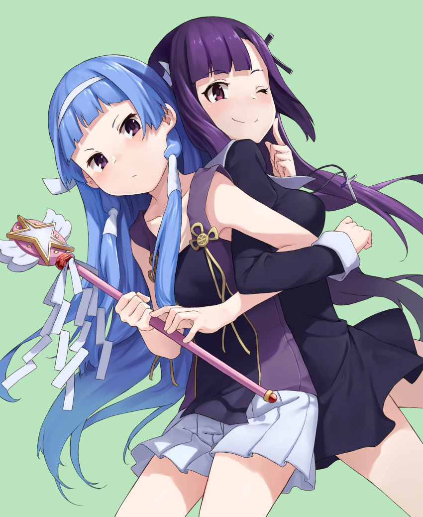;) absurdres bangs blue_hair chinese_commentary commentary_request cross cross_hair_ornament cross_necklace green_background hair_ornament hair_tubes highres jewelry kannagi lkqyan long_hair looking_at_viewer multiple_girls nagi necklace nun one_eye_closed pleated_skirt purple_eyes purple_hair sign simple_background skirt smile wand white_skirt zange
