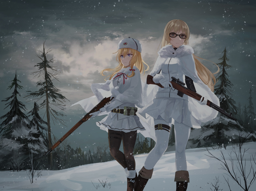 bangs black-framed_eyewear blonde_hair blue_eyes bolt_action boots bow breasts brown_footwear brown_legwear capelet chihuri closed_mouth cloud cloudy_sky commentary cross-laced_footwear eyebrows_visible_through_hair fur-trimmed_capelet fur-trimmed_cloak fur-trimmed_gloves fur_hat fur_trim girls_frontline glasses gloves gun hair_between_eyes hair_bow hat highres holding holding_gun holding_weapon jacket lace-up_boots long_hair long_sleeves looking_at_viewer medium_breasts mosin-nagant mosin-nagant_(girls_frontline) multiple_girls neck_ribbon object_namesake outdoors pantyhose pleated_skirt red_bow red_ribbon red_star ribbon rifle scope skirt sky snow snowing star svt-38 svt-38_(girls_frontline) tree very_long_hair weapon white_capelet white_cloak white_gloves white_hat white_jacket white_legwear white_skirt
