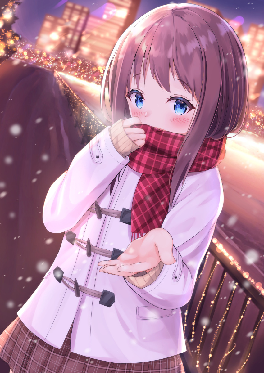absurdres adjusting_scarf backlighting bangs blue_eyes blurry blush bokeh brown_skirt cityscape coat cold commentary_request cowboy_shot depth_of_field duffel_coat enpera eyebrows_visible_through_hair fringe_trim highres long_hair long_sleeves looking_at_viewer nari_(narikashi) night original outstretched_hand pink_scarf plaid plaid_scarf plaid_skirt purple_hair railing scarf sidelocks skirt sleeves_past_wrists snowing solo white_coat winter winter_clothes winter_coat