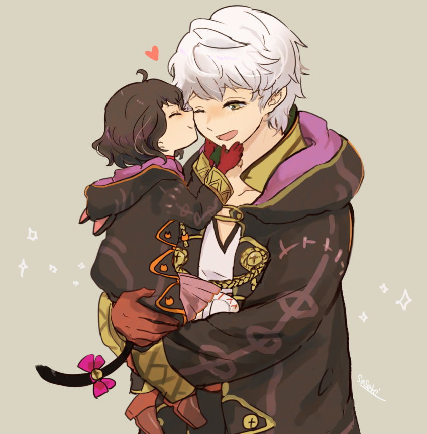 1girl bell black_hair brown_gloves carrying cat_tail closed_eyes commentary_request fake_tail father_and_daughter fire_emblem fire_emblem:_kakusei from_side gloves grey_background highres hood hood_down long_sleeves male_my_unit_(fire_emblem:_kakusei) mark_(female)_(fire_emblem) mark_(fire_emblem) my_unit_(fire_emblem:_kakusei) one_eye_closed open_mouth robe sasaki_(dkenpisss) short_hair signature simple_background tail white_hair