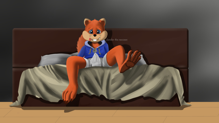 bed bed_sheet bedding boxers_(clothing) clothing conker conker's_bad_fur_day conker_the_squirrel cum hoodie male mammal pants precum rocketraccoon rodent solo squirrel tent underwear video_games wet