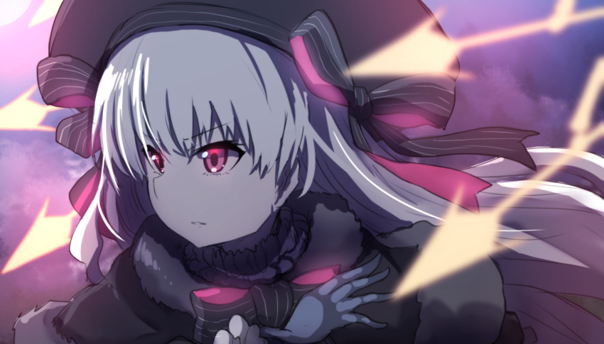 absurdres bad_id bad_twitter_id bangs beret black_bow black_capelet black_hat blue_gloves blurry blurry_foreground bow capelet commentary_request depth_of_field eyebrows_visible_through_hair fate/extra fate_(series) fur-trimmed_capelet fur_trim gloves glowing glowing_eyes hair_bow hat highres long_hair looking_away nursery_rhyme_(fate/extra) parted_lips pink_eyes silver_hair solo striped striped_bow v-shaped_eyebrows very_long_hair wada_kazu