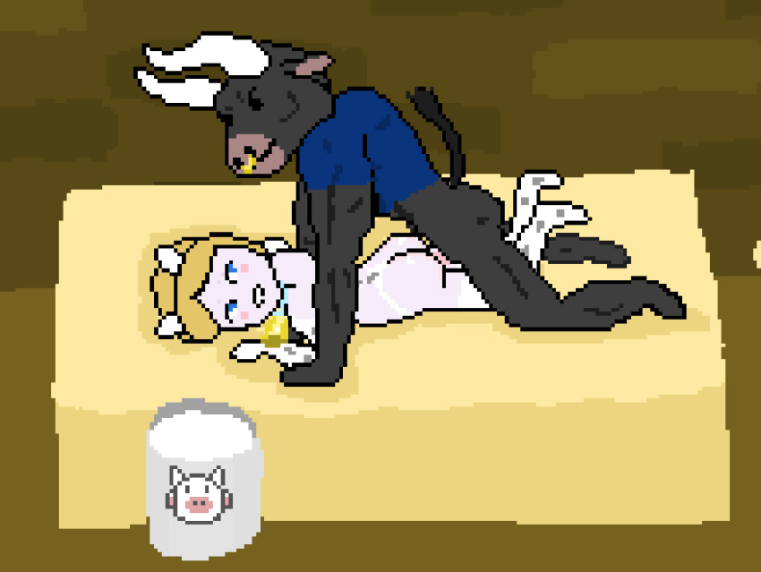 ahegao animated anthro bovine cattle clothed clothing colored cosplay digital_media_(artwork) female female_on_anthro from_behind_position human human_on_anthro interspecies looking_pleasured male male/female mammal pixel_(artwork) rhfur sex underwear