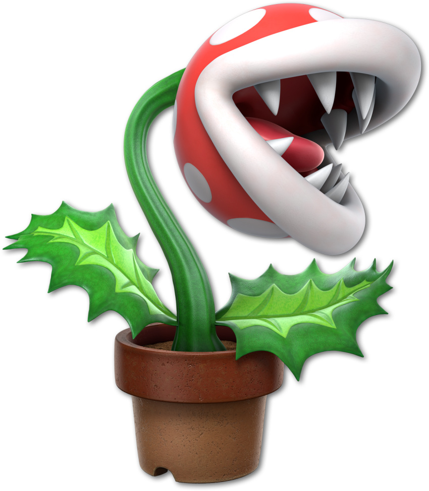 leaf mario_(series) no_eyes no_humans official_art open_mouth piranha_plant plant potted_plant sharp_teeth soil solo super_mario_bros. super_smash_bros. super_smash_bros._ultimate teeth tongue transparent_background