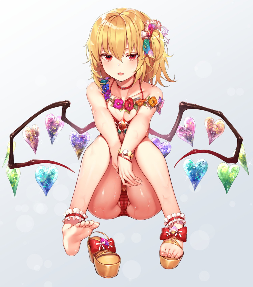 ankle_cuffs barefoot bikini blonde_hair blush bow breasts cameltoe choker cleavage collarbone eyebrows_visible_through_hair feet fingernails flandre_scarlet flower flower_wreath footwear_removed frills hair_flower hair_ornament halterneck heart_shape highres kaerunoko labia looking_at_viewer medium_breasts neck open_mouth parted_lips partially_visible_vulva ponytail red_bikini red_eyes sandals sandals_removed shoe_bow shoes short_hair side_ponytail simple_background sitting soles solo sweat swimsuit thick_thighs thighs toenails touhou wings wristband