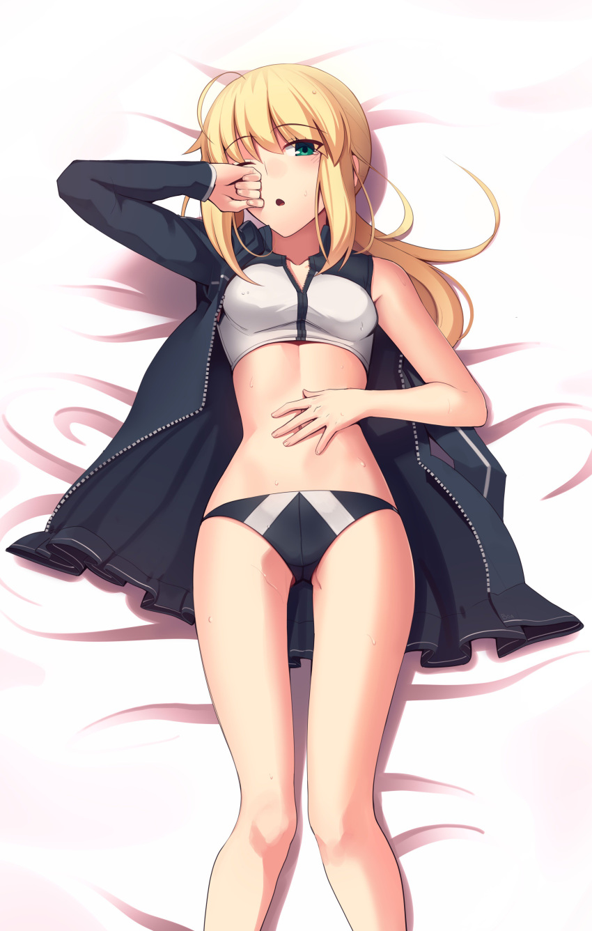 absurdres ahoge artoria_pendragon_(all) artoria_pendragon_(swimsuit_archer) bed_sheet black_bikini_bottom black_jacket boa_(brianoa) breasts eyebrows_visible_through_hair fate/grand_order fate_(series) from_above green_eyes highres jacket long_hair looking_at_viewer lying midriff navel on_back one_eye_closed open_clothes open_jacket open_mouth ponytail small_breasts solo sports_bikini stomach unzipped white_bikini_top