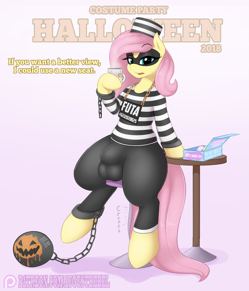 2018 augustbebel bulge chain clothed clothing crossgender dialogue dickgirl digital_media_(artwork) doughnut english_text equine fluttershy_(mlp) food friendship_is_magic hi_res intersex looking_at_viewer mammal my_little_pony penis_outline solo text