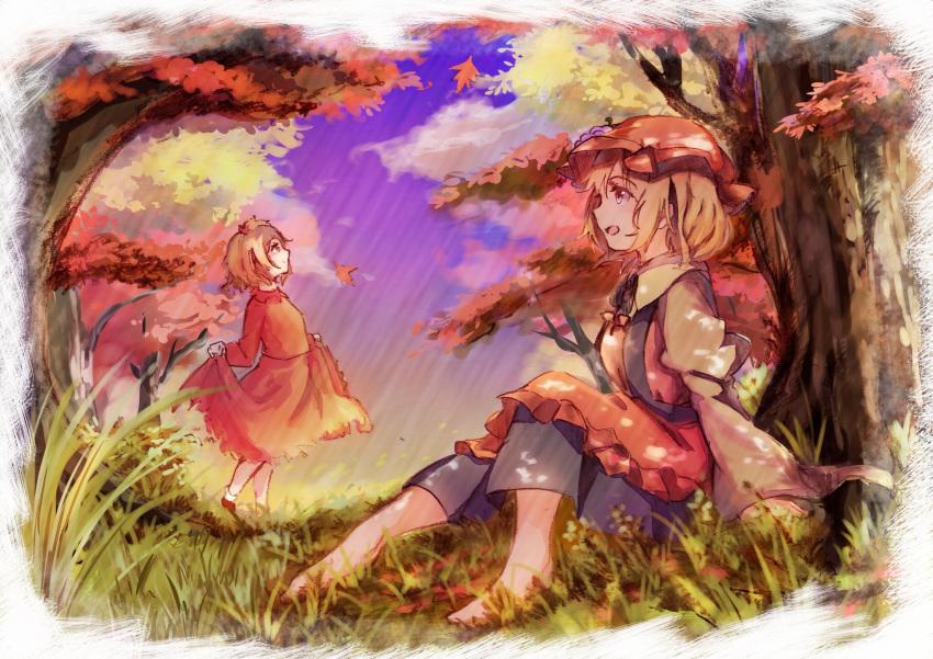 aki_minoriko aki_shizuha apron autumn autumn_leaves barefoot black_skirt blonde_hair brown_shirt cloud dappled_sunlight day gradient_sky grass hair_ornament hat highres juliet_sleeves leaf leaf_hair_ornament lifted_by_self long_sleeves looking_to_the_side looking_up maple_leaf mob_cap multiple_girls open_mouth outdoors profile puffy_sleeves red_shirt red_skirt shirt short_hair siblings sideways_mouth sisters sitting skirt skirt_hold skirt_set sky smile standing sunlight tamiku_(shisyamo609) touhou tree under_tree yellow_eyes