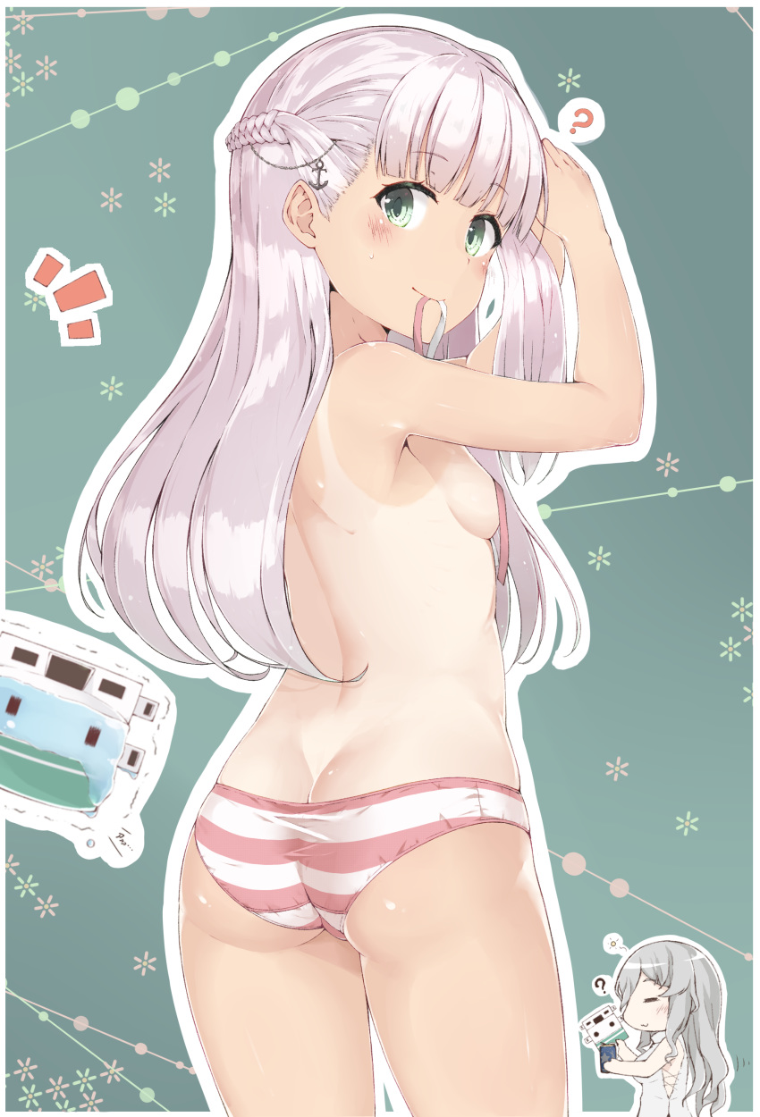 absurdres adjusting_hair anchor_hair_ornament anchor_necklace ass back bangs blush breasts chain closed_eyes closed_mouth commentary_request covered_nipples drink eyebrows_visible_through_hair green_eyes grey_hair hair_between_eyes hair_ornament highres kantai_collection long_hair looking_at_viewer looking_back machinery maestrale_(kantai_collection) mouth_hold multiple_girls one-piece_tan one_side_up panties pola_(kantai_collection) revision ribbon sideboob silver_hair skindentation small_breasts smile solo_focus standing striped striped_panties sweat tan tanline thighs topless underwear underwear_only wavy_hair white_ribbon yui_(seiga)