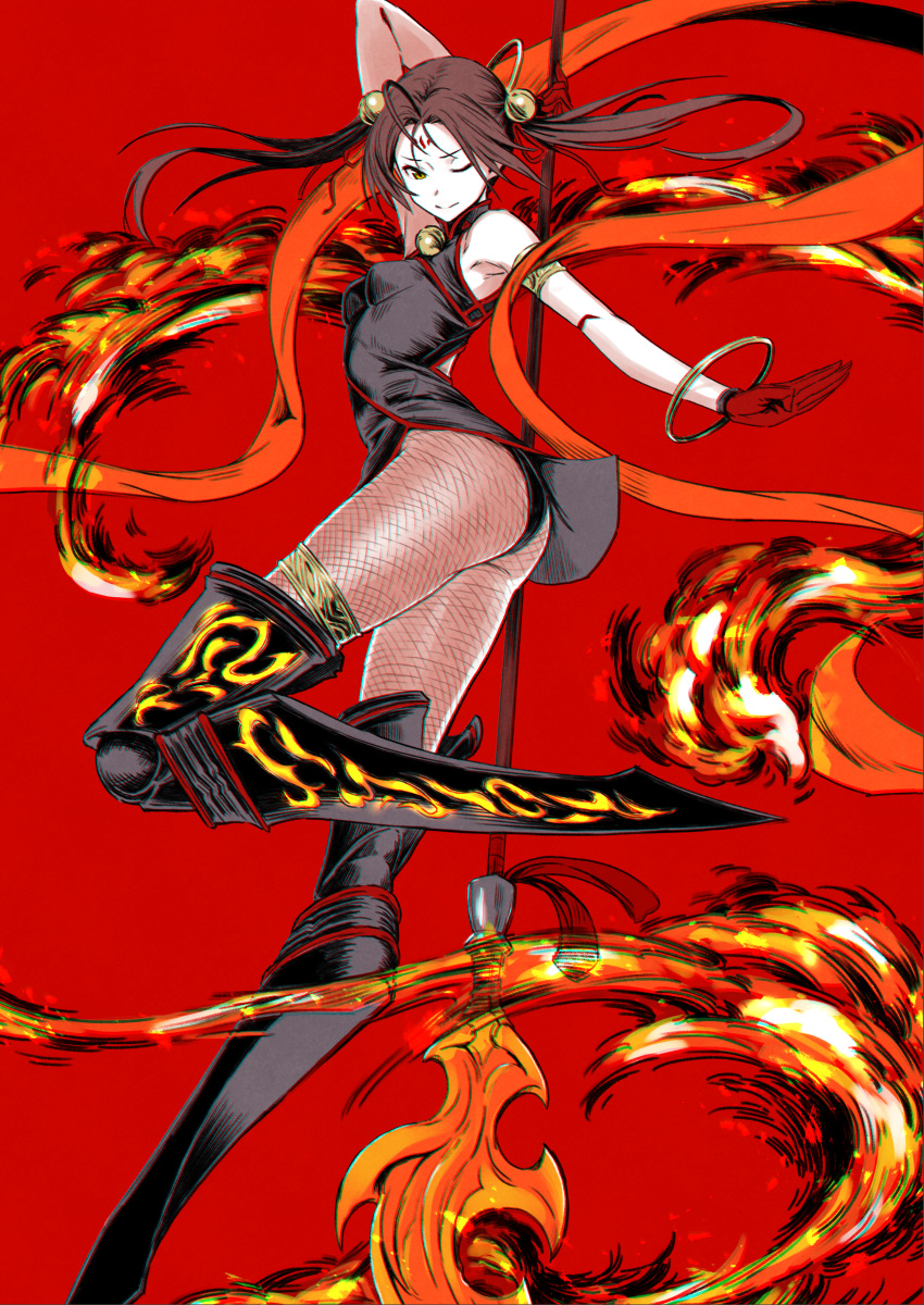 absurdres arm_behind_head armpits ass bare_shoulders bell brown_hair china_dress chinese_clothes dress fate/grand_order fate_(series) fire fishnet_pantyhose fishnets gloves hair_bell hair_ornament highres holding holding_weapon huge_filesize nezha_(fate/grand_order) one_eye_closed pantyhose red_gloves sleeveless solo twintails utu_(ldnsft) weapon yellow_eyes