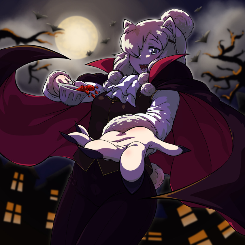 acesrulez alpaca_ears alpaca_suri_(kemono_friends) alpaca_tail alternate_costume animal_ears ascot backlighting bat black_nails blonde_hair blood blue_eyes cape collared_cape commentary cup fangs fingernails foreshortening full_moon fur-trimmed_sleeves fur_trim hair_over_one_eye halloween halloween_costume high_collar highres holding holding_cup horizontal_pupils kemono_friends long_sleeves looking_at_viewer medium_hair moon nail_polish night open_mouth outdoors outstretched_arm outstretched_hand pants platinum_blonde_hair pom_pom_(clothes) reaching_out sharp_fingernails shirt smile solo standing tail teacup upper_body vampire_costume vest