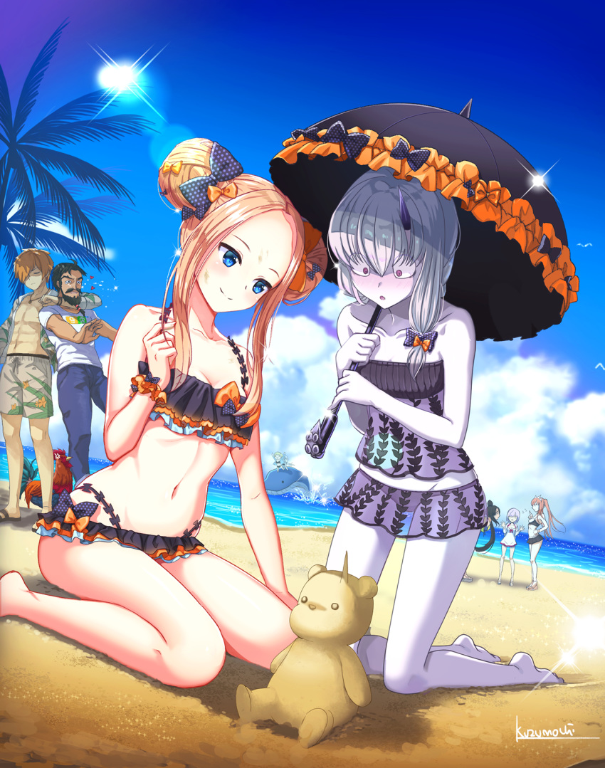 5girls :o abigail_williams_(fate/grand_order) anger_vein artist_name ass bare_arms bare_legs bare_shoulders barefoot beach beard bikini bird black_bikini black_footwear black_hair black_umbrella blonde_hair blue_jacket blue_pants blue_sky blush breasts brown_hair brown_shirt brown_shorts chicken closed_mouth cloud collarbone commentary_request day double_bun dress dress_swimsuit dutch_angle edward_teach_(fate/grand_order) emerald_float facial_hair fate/grand_order fate_(series) flying_sweatdrops hair_over_one_eye head_tilt heart highres holding holding_umbrella horizon jacket jeanne_d'arc_(alter_swimsuit_berserker) jeanne_d'arc_(fate)_(all) jeanne_d'arc_(swimsuit_archer) kuzumochi_(kuzumochiya) lavinia_whateley_(fate/grand_order) leaning_forward long_hair mash_kyrielight medb_(fate)_(all) medb_(swimsuit_saber)_(fate) multiple_boys multiple_girls mustache navel ocean open_clothes open_jacket open_shirt out_of_frame outdoors pale_skin pants parted_lips pink_hair ponytail purple_eyes purple_hair revision robin_hood_(fate) sand sand_sculpture sandals shirt short_hair short_shorts short_sleeves shorts side_bun sidelocks signature silver_hair sitting sky small_breasts smile standing sun swimsuit swimsuit_of_perpetual_summer umbrella ushiwakamaru_(fate/grand_order) ushiwakamaru_(swimsuit_assassin)_(fate) very_long_hair wariza water whale white_dress white_shirt wide-eyed