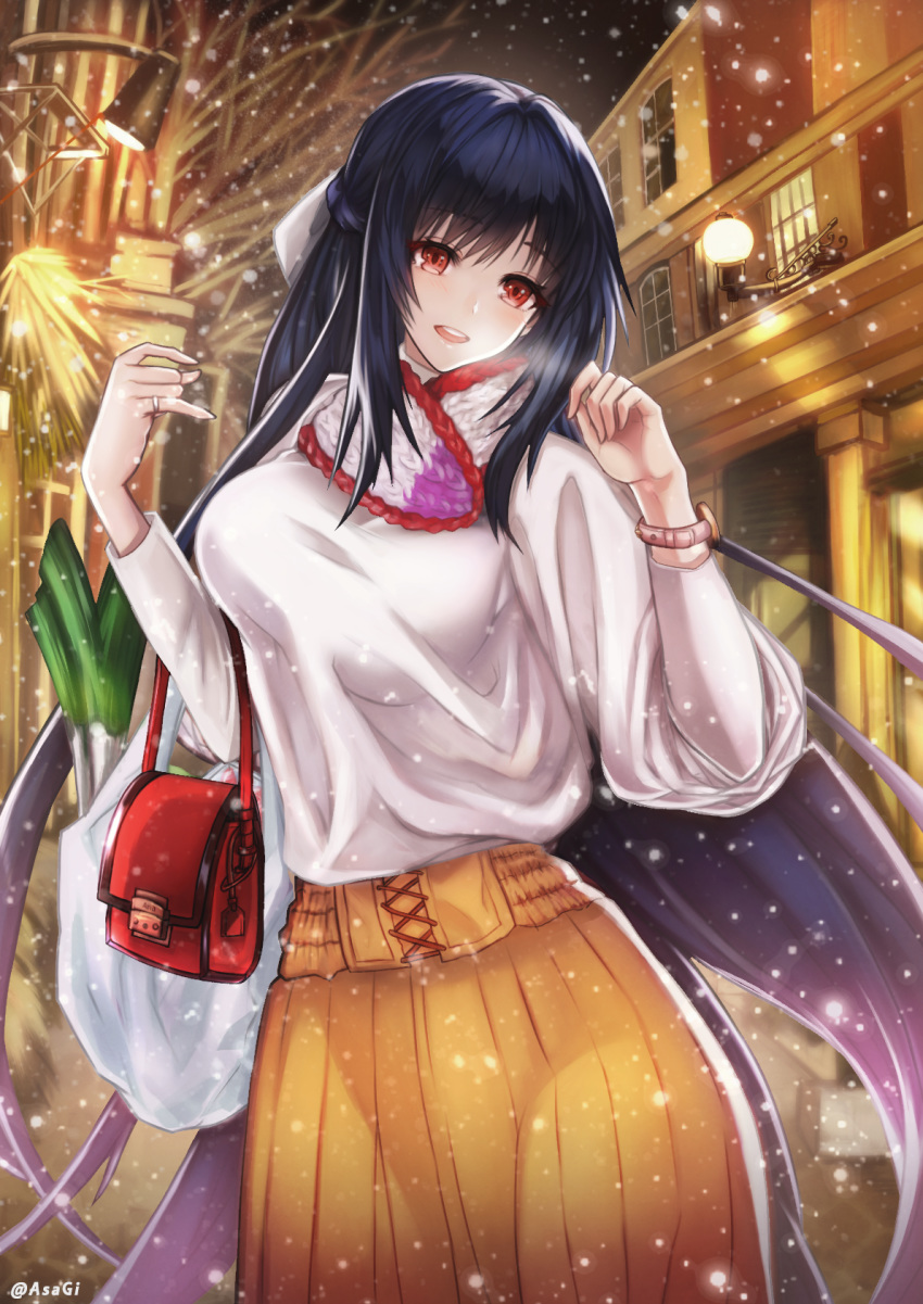 :o asagik23 bad_anatomy bad_id bad_pixiv_id bag black_hair black_sky blush bow breasts building commentary_request hair_bow hand_up handbag highres jewelry lamppost large_breasts long_hair long_sleeves looking_at_viewer original outdoors red_eyes ring shirt shopping_bag skirt snowing solo spring_onion standing twitter_username very_long_hair watch white_bow white_shirt window winter wristwatch yellow_skirt