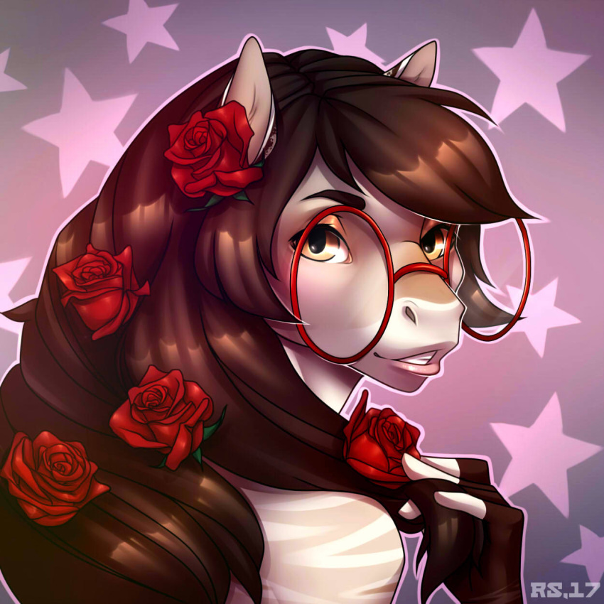 2017 5_fingers anthro brown_eyebrows brown_eyes brown_fur brown_hair equine eyebrows eyewear female fingerless_(marking) flower flower_in_hair fur glasses hair headshot_portrait hi_res horse lips long_hair looking_at_viewer mammal mocha_(spottedtigress) multicolored_fur plant portrait radiant_scar rose simple_background smile solo star striped_fur stripes teeth white_fur white_stripes