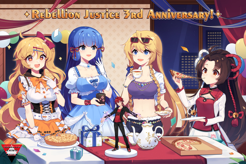 4girls :d absurdres ahoge anniversary balloon belt blonde_hair blue_dress blue_eyes blue_hair bow braid breasts brown_eyes brown_hair building character_doll character_request cleavage copyright_name cup detached_collar dress eating food gift gloves hair_ornament hair_ribbon hairclip hand_up highres indoors long_hair long_sleeves medium_breasts midriff multiple_girls navel official_art open_mouth orange_bow orange_dress pie pizza puffy_short_sleeves puffy_sleeves rebellion_justice ribbon saucer sharlorc short_sleeves skyscraper small_breasts smile table tea teacup teapot twin_braids very_long_hair white_collar white_gloves wristband