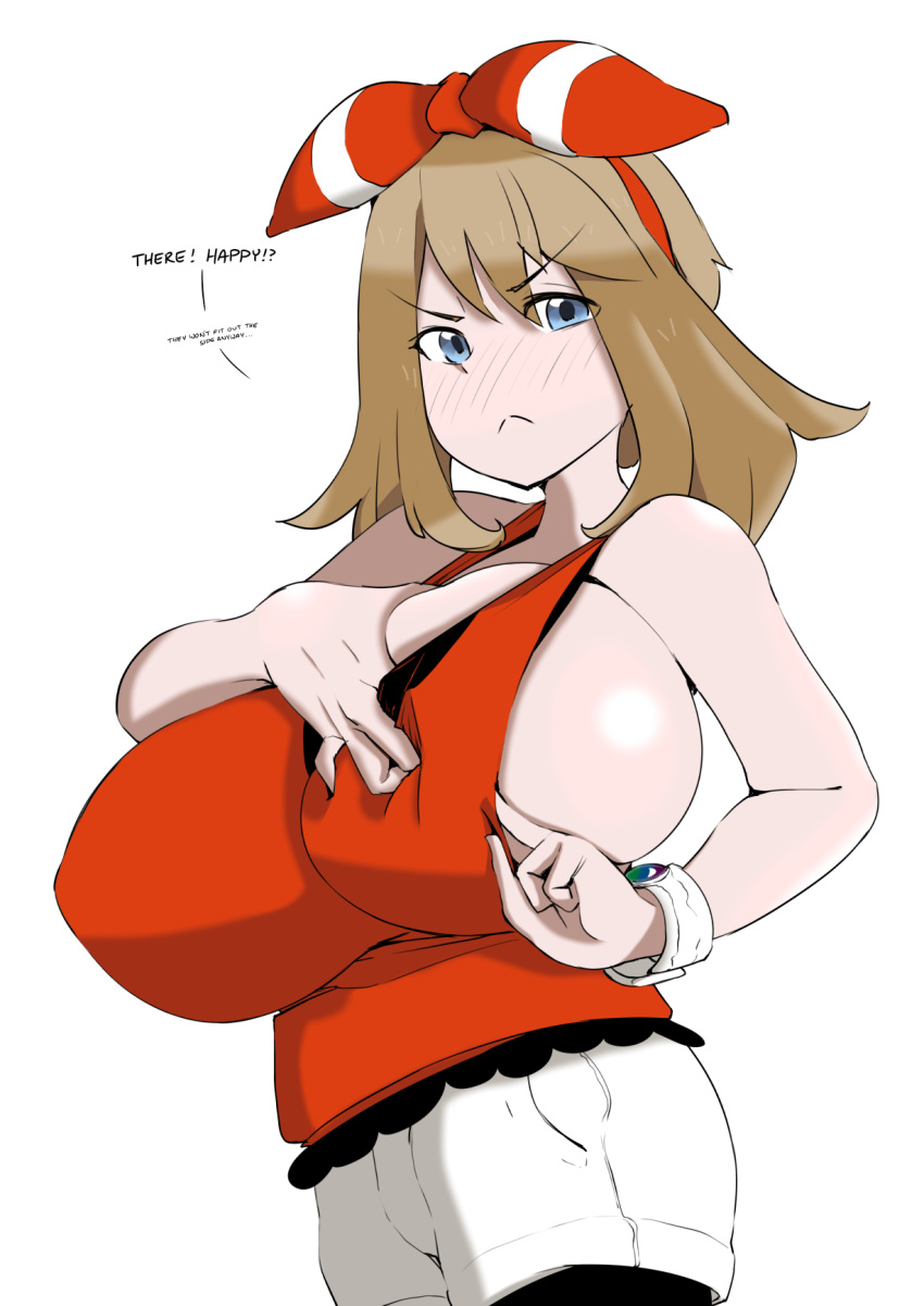 1girl adjusting_clothes bandanna bare_shoulders blue_eyes blush breast_hold breasts brown_hair colored creatures_(company) game_freak haruka_(pokemon) haruka_(pokemon_oras) highres huge_breasts looking_at_viewer maydrawfag nintendo no_bra pokemon pokemon_(game) pokemon_oras red_shirt shirt shorts sideboob sketch sleeveless sleeveless_shirt text_focus white_shorts