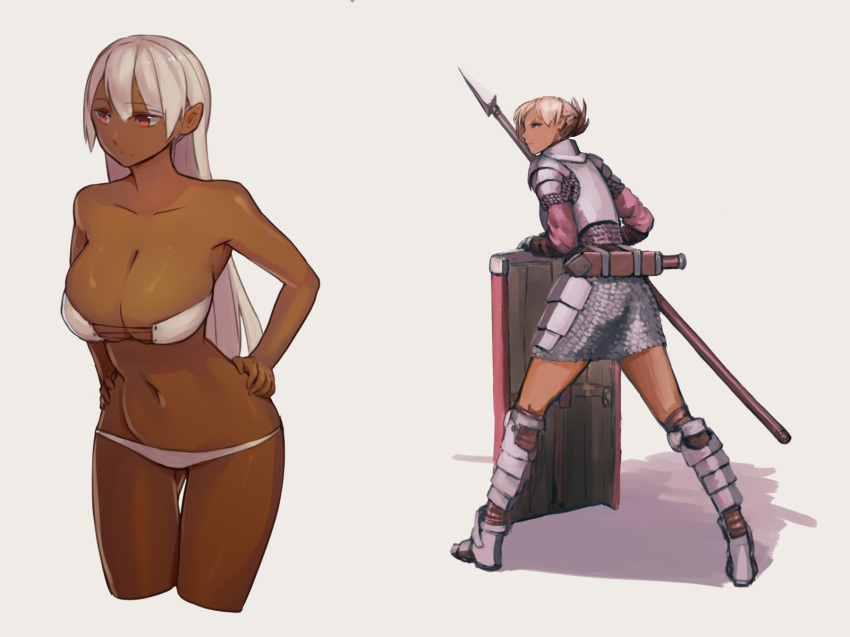 armor armored_boots boots bra breastplate breasts chainmail character_request copyright_request dark_skin hair_up hands_on_hips highres hip_armor large_breasts long_hair multiple_girls navel panties polearm purple_eyes red_eyes shield shoulder_armor simple_background spear strapless strapless_bra sword underwear underwear_only very_long_hair virgosdf weapon white_bra white_hair white_panties