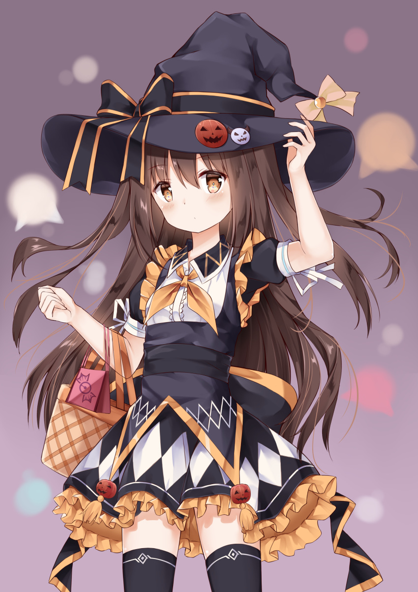 absurdres arm_up bag bangs black_bow black_hat black_legwear black_skirt blush bow breasts brown_eyes brown_hair center_frills closed_mouth collared_shirt commentary_request cowboy_shot eyebrows_visible_through_hair frilled_skirt frills fuyuki030 hair_between_eyes halloween hand_on_headwear hat hat_bow head_tilt highres jack-o'-lantern long_hair looking_at_viewer orange_neckwear original puffy_short_sleeves puffy_sleeves ribbon shirt short_sleeves skirt small_breasts solo thighhighs two_side_up very_long_hair white_ribbon white_shirt witch_hat